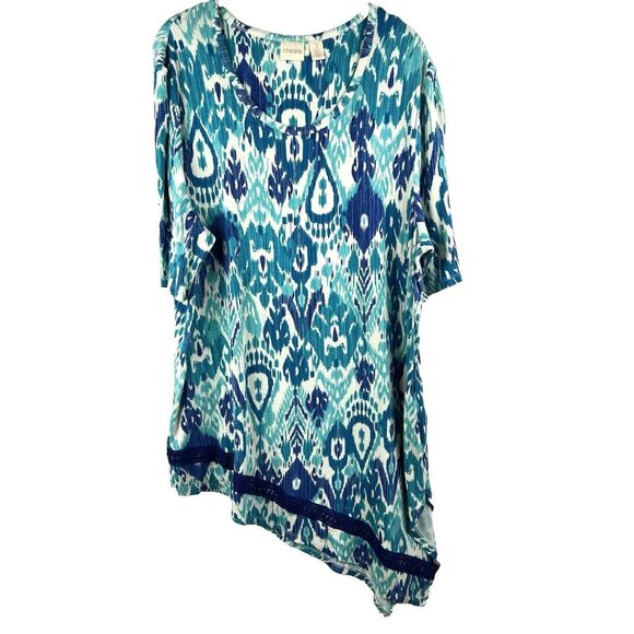 Chicos Women's Top Size XL or 3 Blue White Turquoise 3/4 Sleeve Asymmetrical Hem - Picture 1 of 7
